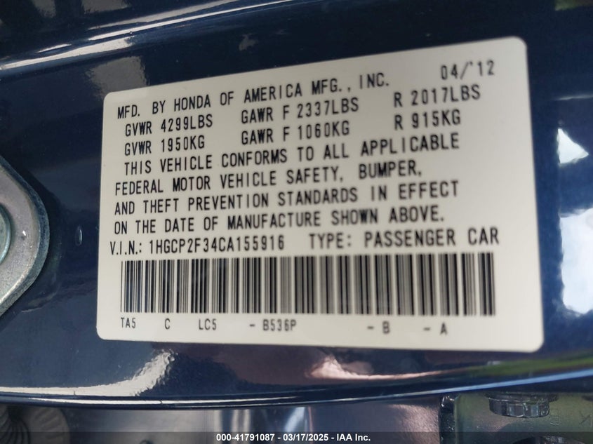2012 HONDA ACCORD VIN: 1HGCP2F34CA155916