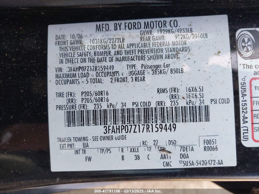 2007 FORD FUSION VIN: 3FAHP07Z17R159449