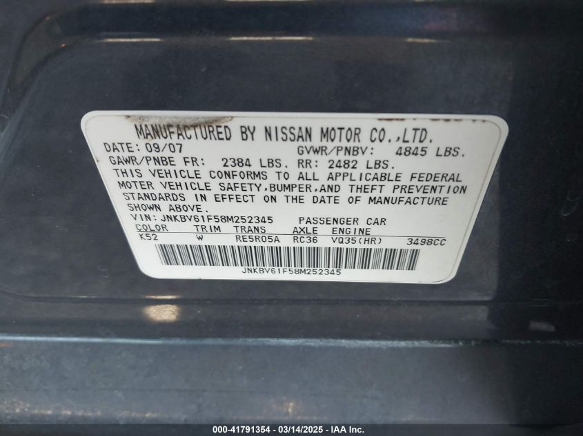 2008 Infiniti G35X VIN: JNKBV61F58M252345 Lot: 41791354