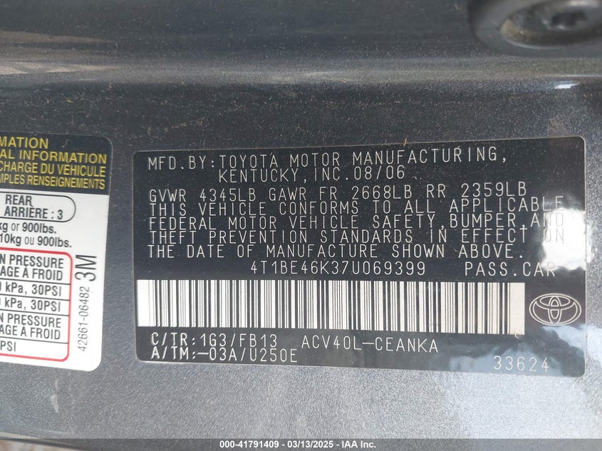 2007 TOYOTA CAMRY VIN: 4T1BE46K37U069399