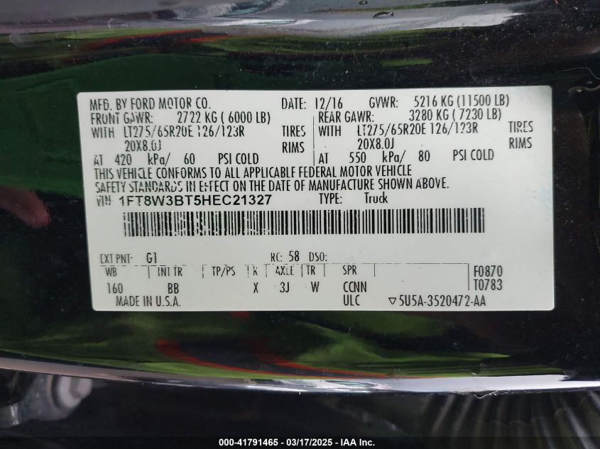 2017 Ford F-350 King Ranch/Lariat/Platinum/Xl/Xlt VIN: 1FT8W3BT5HEL21327 Lot: 41791465