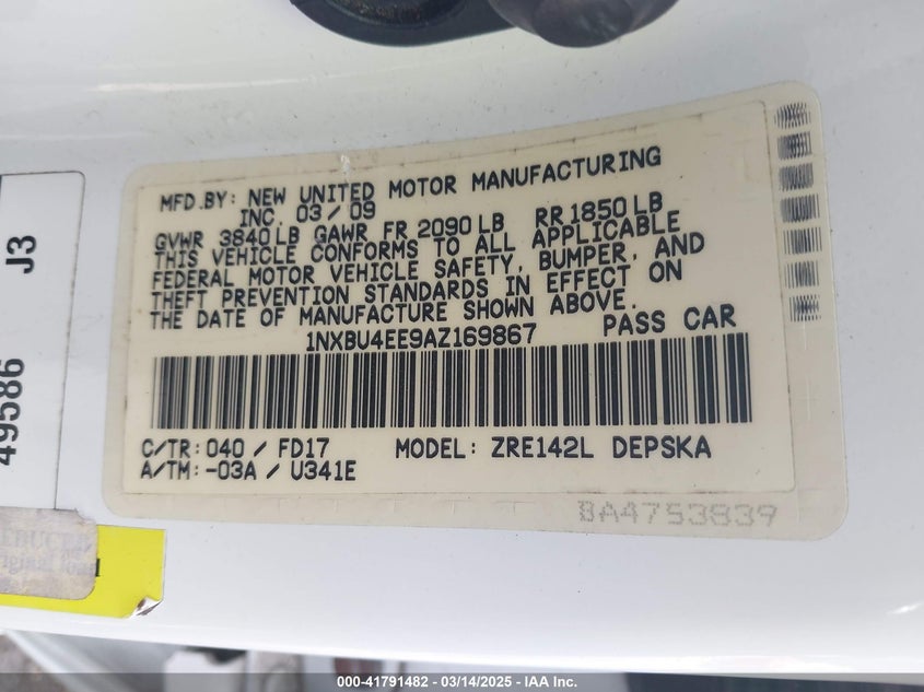 2010 TOYOTA COROLLA VIN: 1NXBU4EE9AZ169867