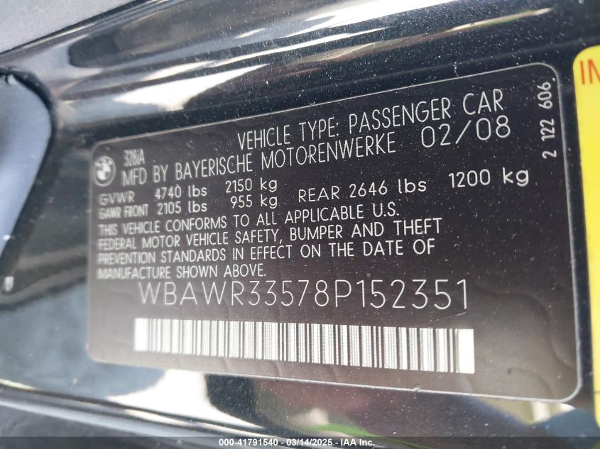 2008 BMW 328I VIN: WBAWR33578P152351 Lot: 41791540