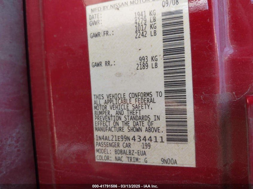 2009 NISSAN ALTIMA VIN: 1N4AL21E99N434411