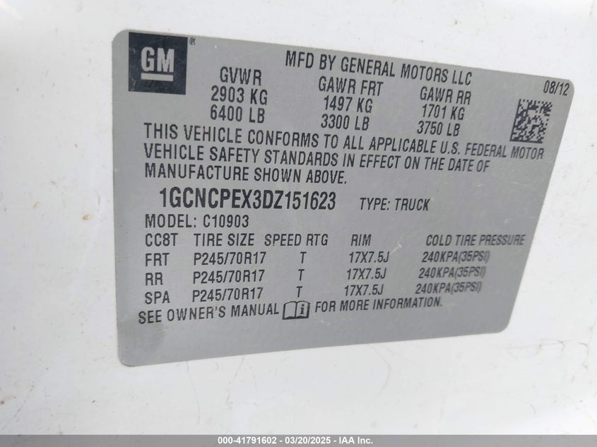 2013 CHEVROLET SILVERADO 1500 VIN: 1GCNCPEX3DZ151623