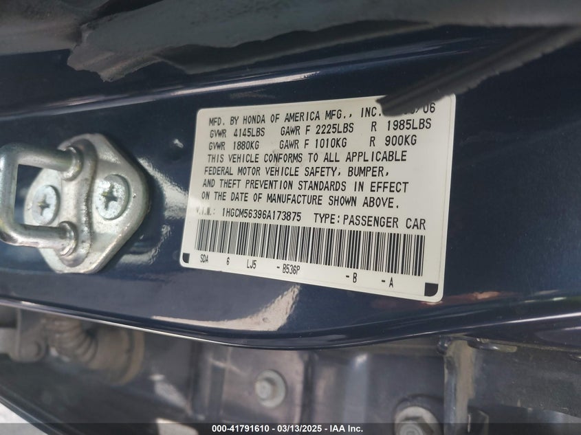 2006 HONDA ACCORD VIN: 1HGCM56396A173875