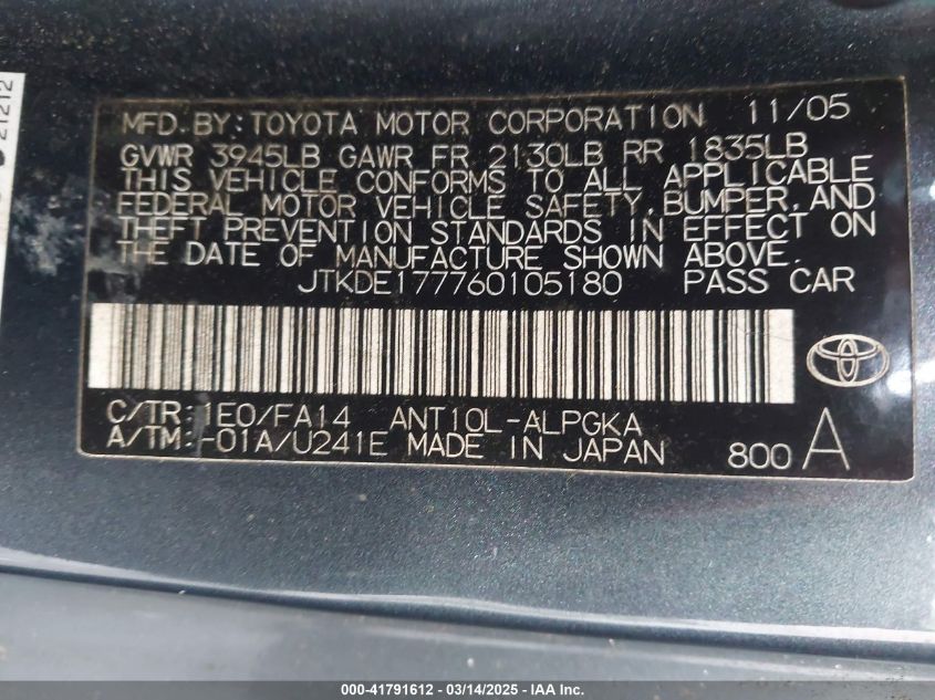 2006 Scion Tc VIN: JTKDE177760105180 Lot: 41791612