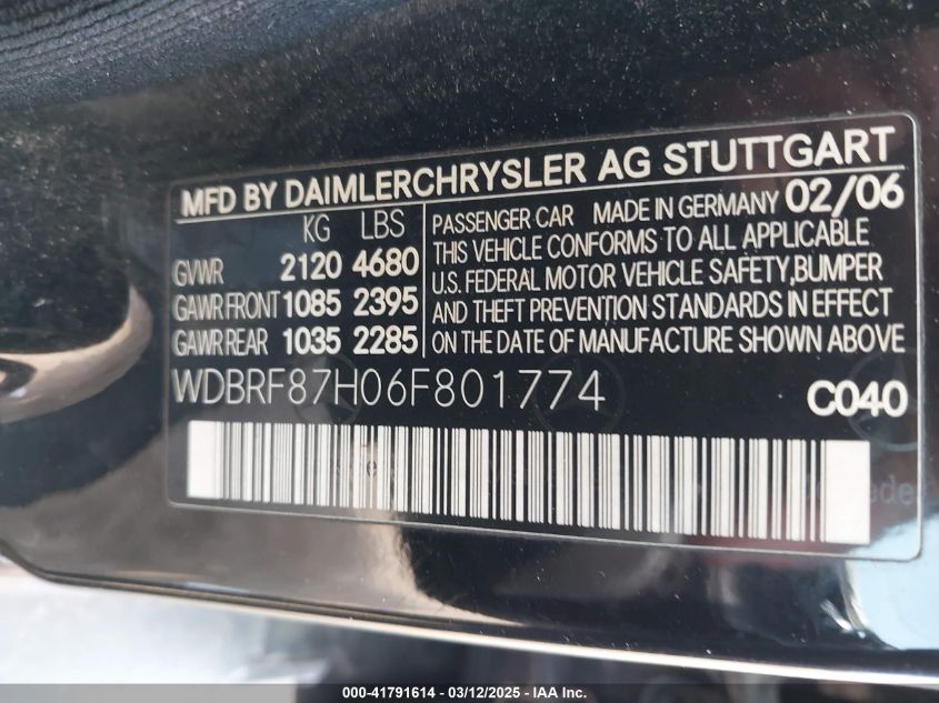 2006 Mercedes-Benz C 350 Luxury 4Matic VIN: WDBRF87H06F801774 Lot: 41791614