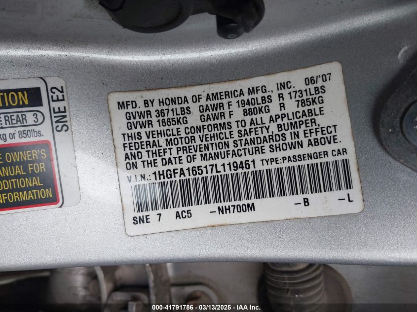 2007 Honda Civic Lx VIN: 1HGFA16517L119461 Lot: 41791786