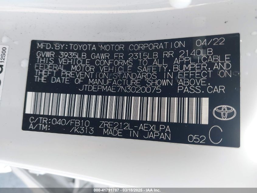 2022 Toyota Corolla Le VIN: JTDEPMAE7N3020075 Lot: 41791787