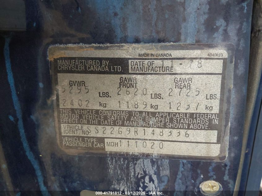 1979 Chrysler Cordoba VIN: SS22GAR148336 Lot: 41791812