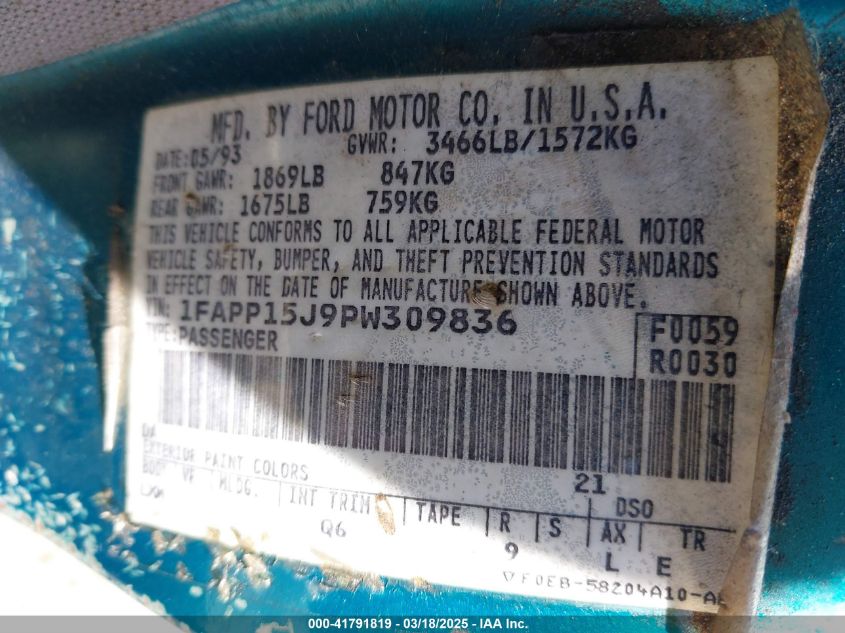 1993 Ford Escort Lx VIN: 1FAPP15J9PW309836 Lot: 41791819