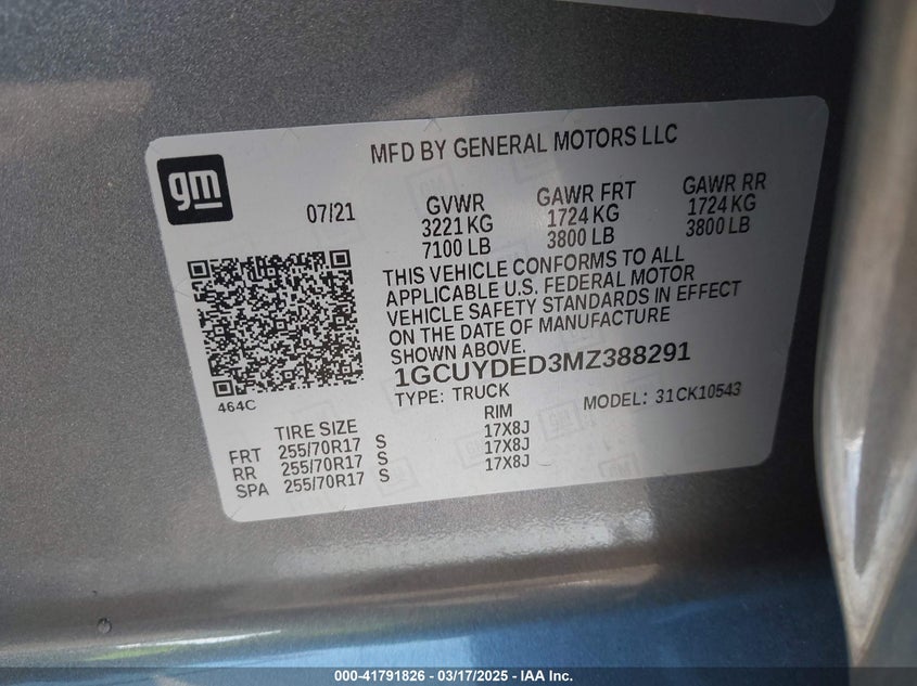 2021 CHEVROLET SILVERADO 1500 VIN: 1GCUYDED3MZ388291