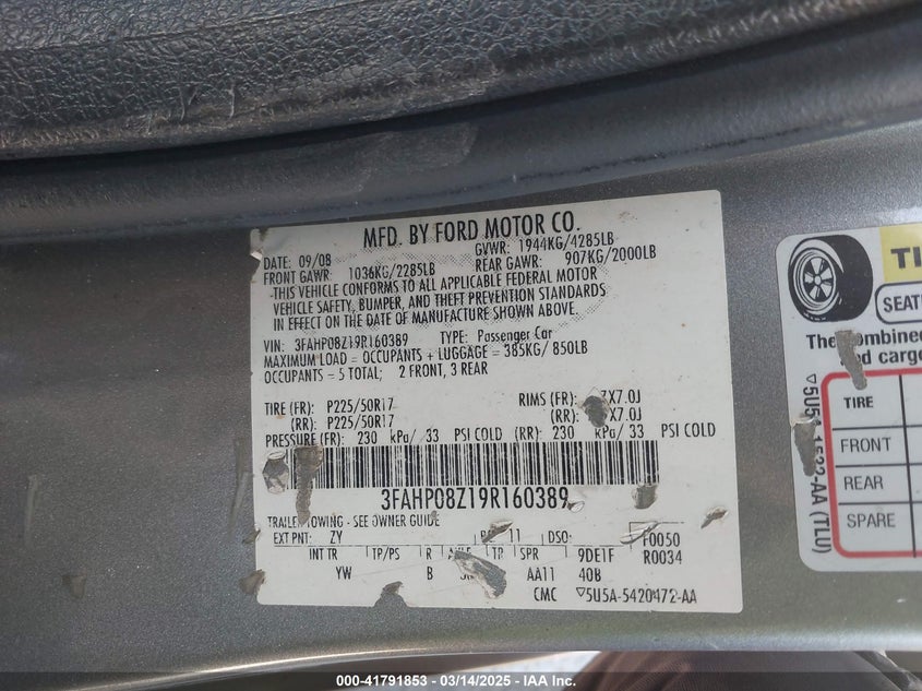 2009 FORD FUSION VIN: 3FAHP08Z19R160389