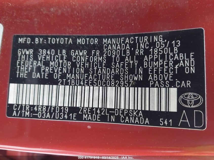 2013 Toyota Corolla S Special Edition VIN: 2T1BU4EE5DC082957 Lot: 41791915