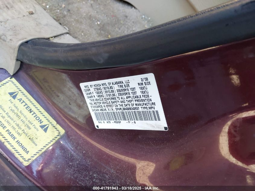 2008 Honda Odyssey Ex VIN: 5FNRL38438B042697 Lot: 41791943