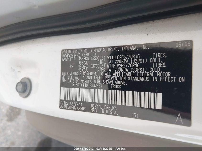 2006 TOYOTA TUNDRA VIN: 5TBDT44106S537484