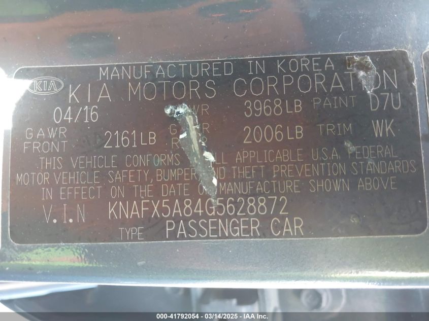 2016 Kia Forte Ex VIN: KNAFX5A84G5628872 Lot: 41792054