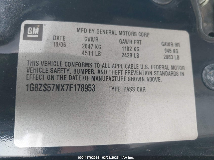 2007 SATURN AURA VIN: 1G8ZS57NX7F178953