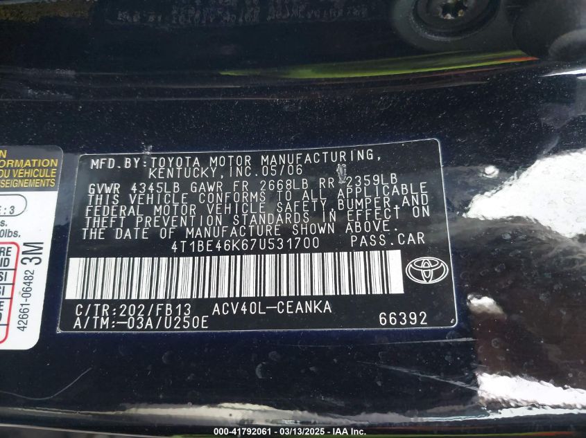 2007 Toyota Camry Le VIN: 4T1BE46K67U531700 Lot: 41792061