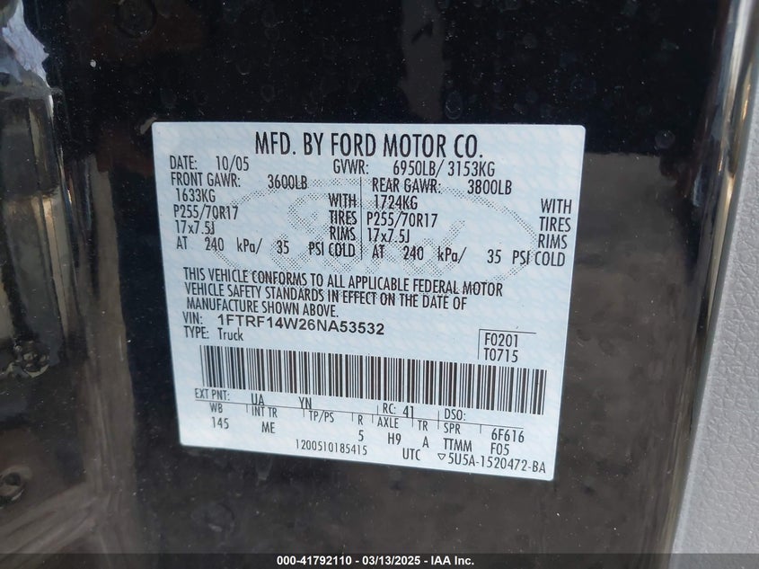 2006 FORD F-150 VIN: 1FTRF14W26NA53532