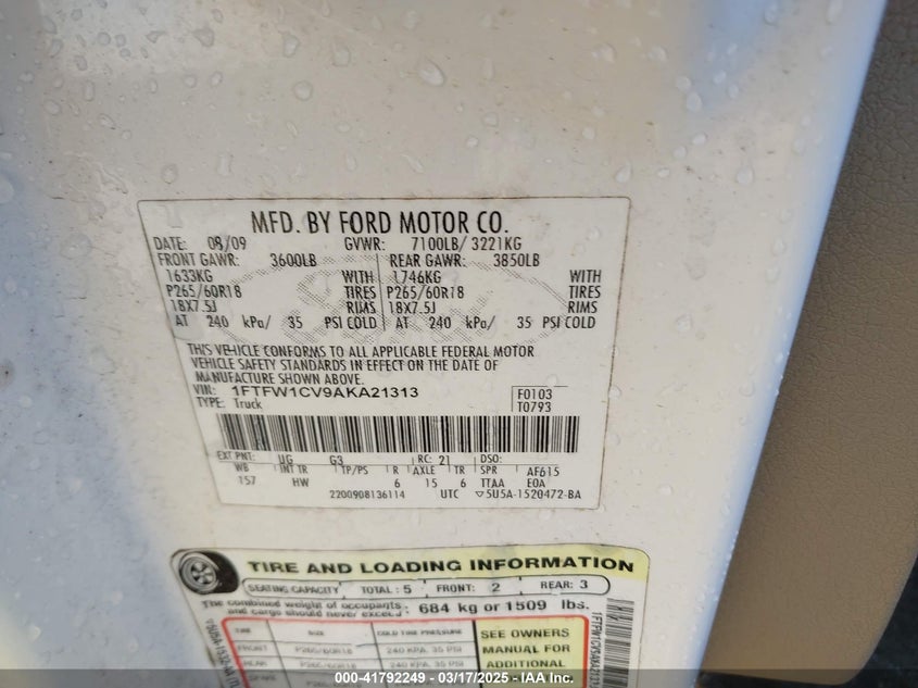 2010 FORD F150 VIN: 1FTFW1CV9AKA21313
