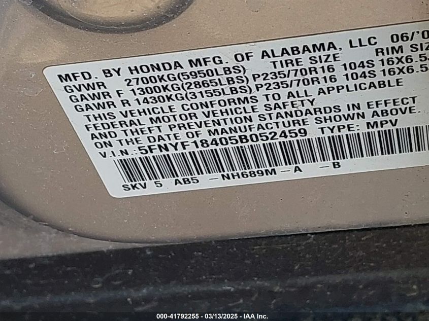 2005 Honda Pilot Ex VIN: 5FNYF18405B052459 Lot: 41792255