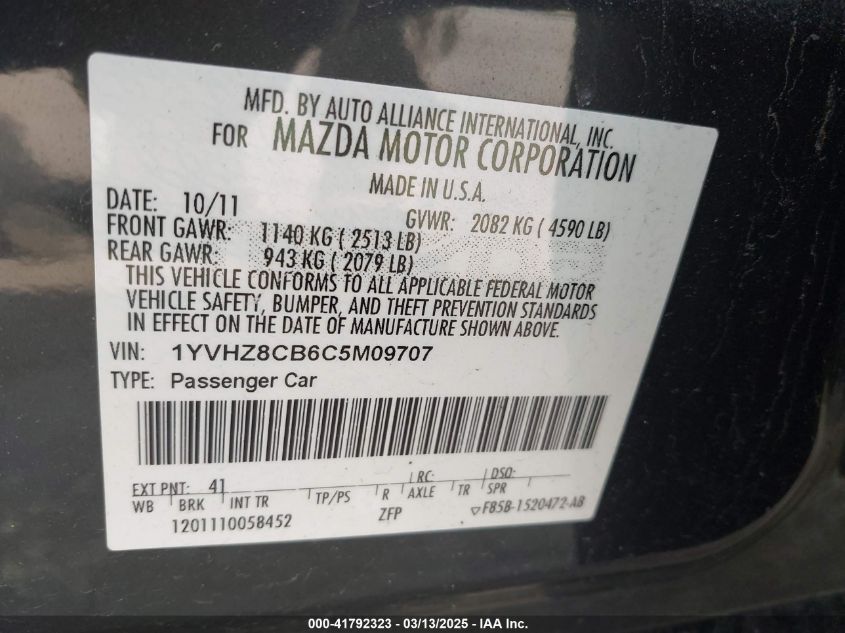 2012 Mazda Mazda6 S Grand Touring VIN: 1YVHZ8CB6C5M09707 Lot: 41792323