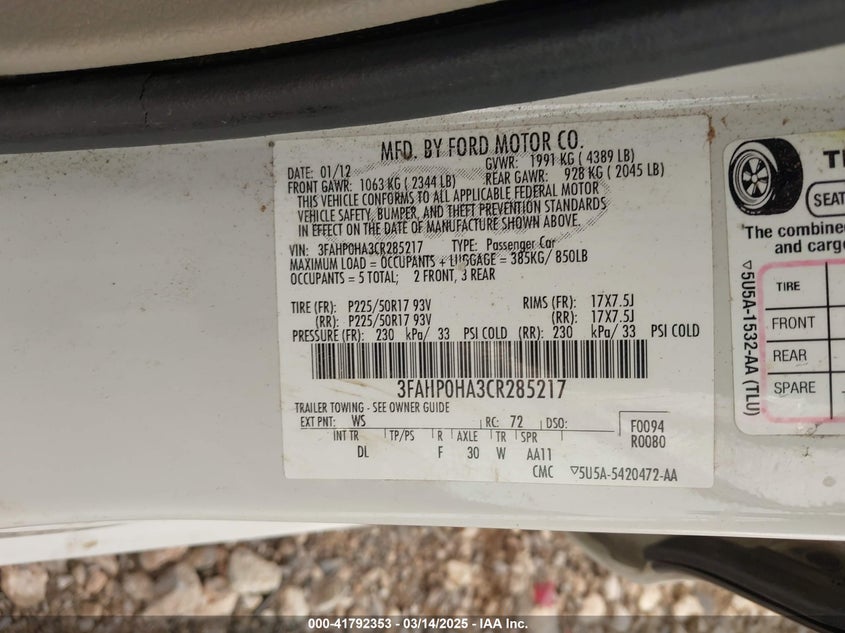 2012 FORD FUSION VIN: 3FAHP0HA3CR285217