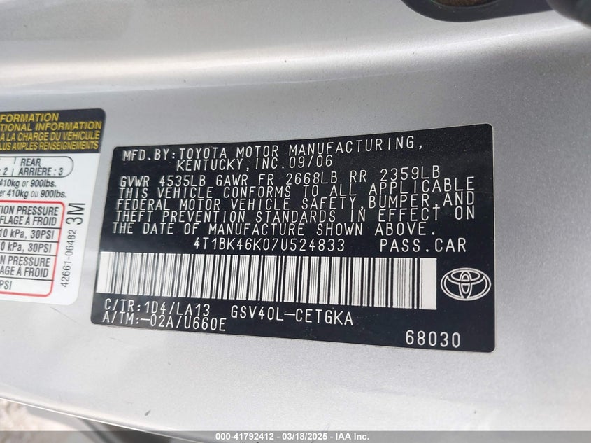 2007 TOYOTA CAMRY VIN: 4T1BK46K07U524833
