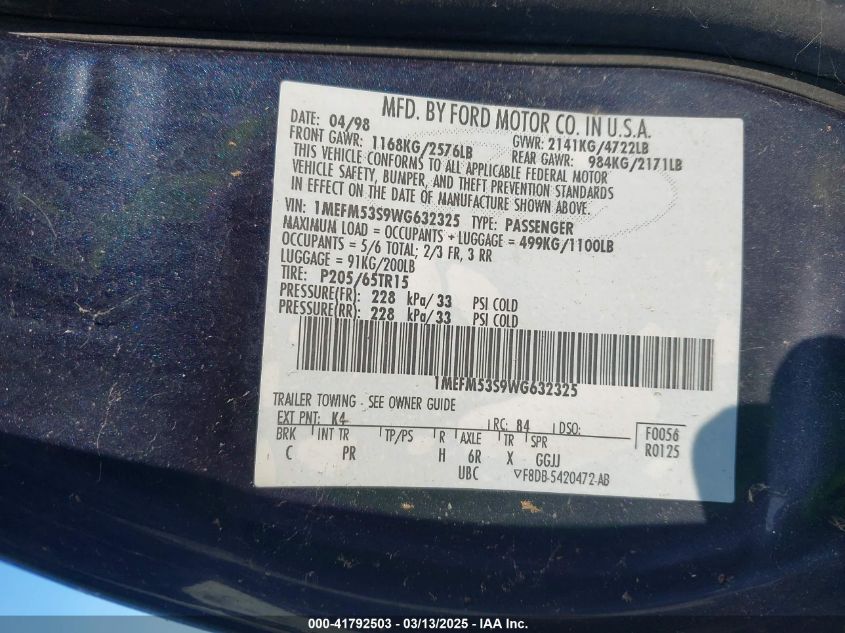 1998 Mercury Sable Ls VIN: 1MEFM53S9WG632325 Lot: 41792503