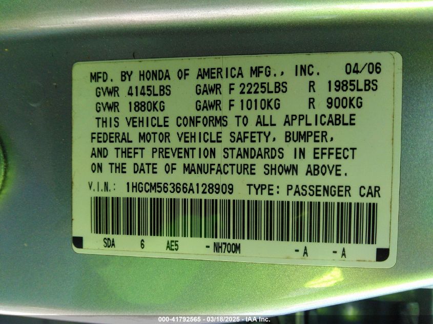 2006 Honda Accord 2.4 Se VIN: 1HGCM56366A128909 Lot: 41792565