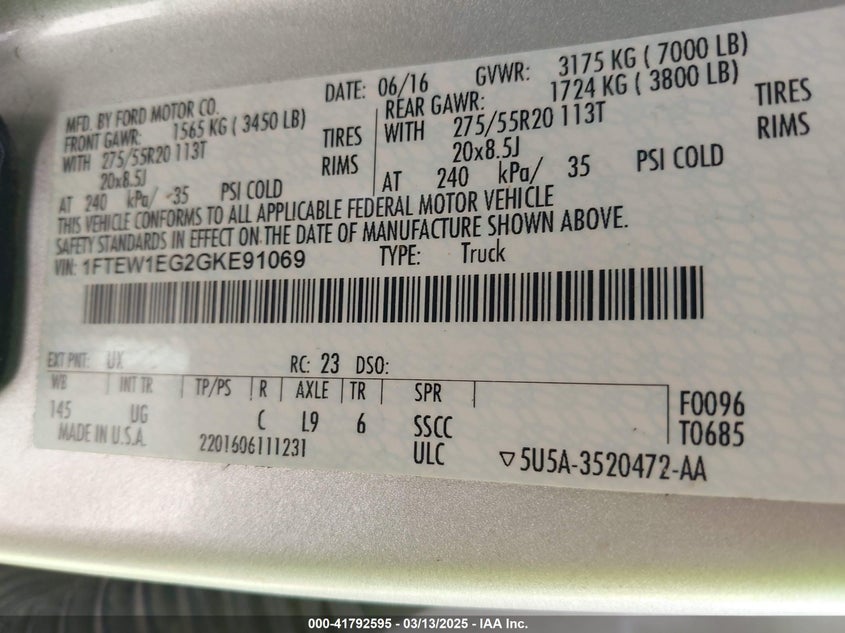2016 FORD F-150 VIN: 1FTEW1EG2GKE91069