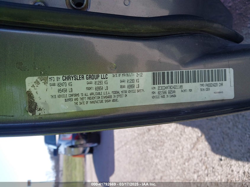 2012 Dodge Charger VIN: 2C3CDXAT8 Lot: 41792669