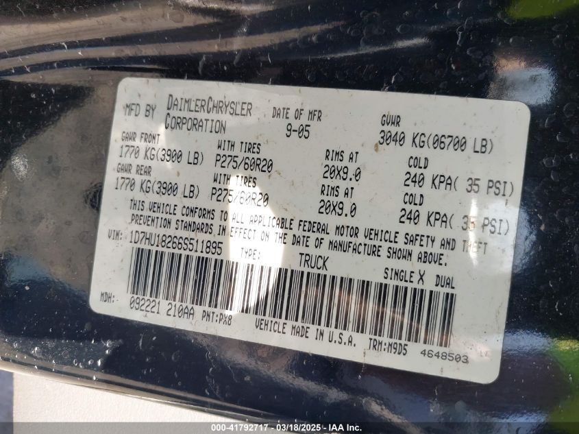 2006 Dodge Ram 1500 Slt/Trx4 Off Road/Sport VIN: 1D7HU18266S511895 Lot: 41792717