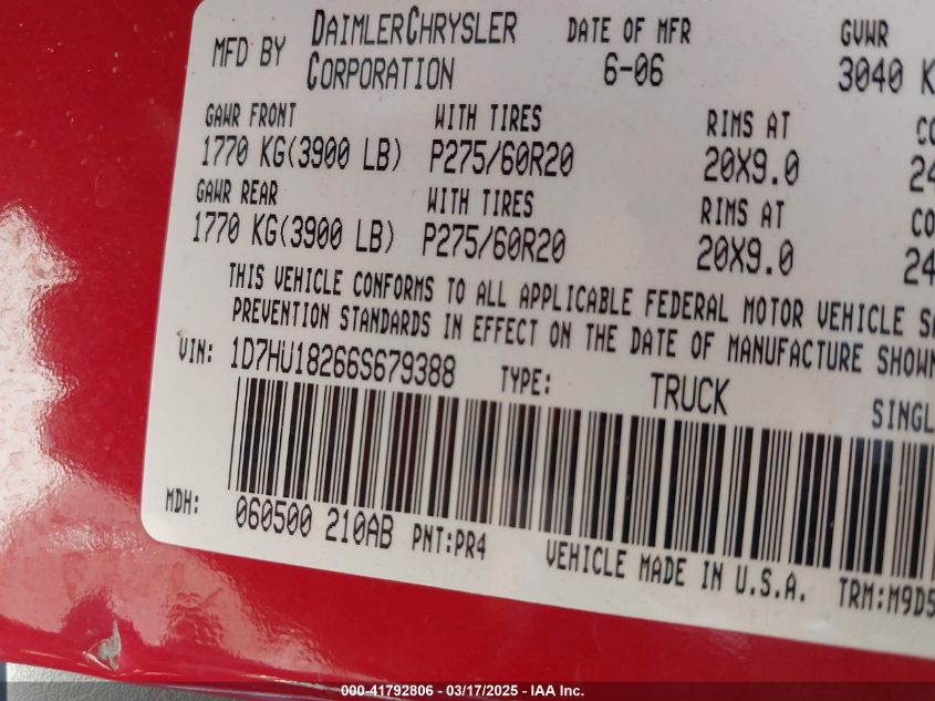 2006 Dodge Ram 1500 VIN: 1D78U18266S679388 Lot: 41792806