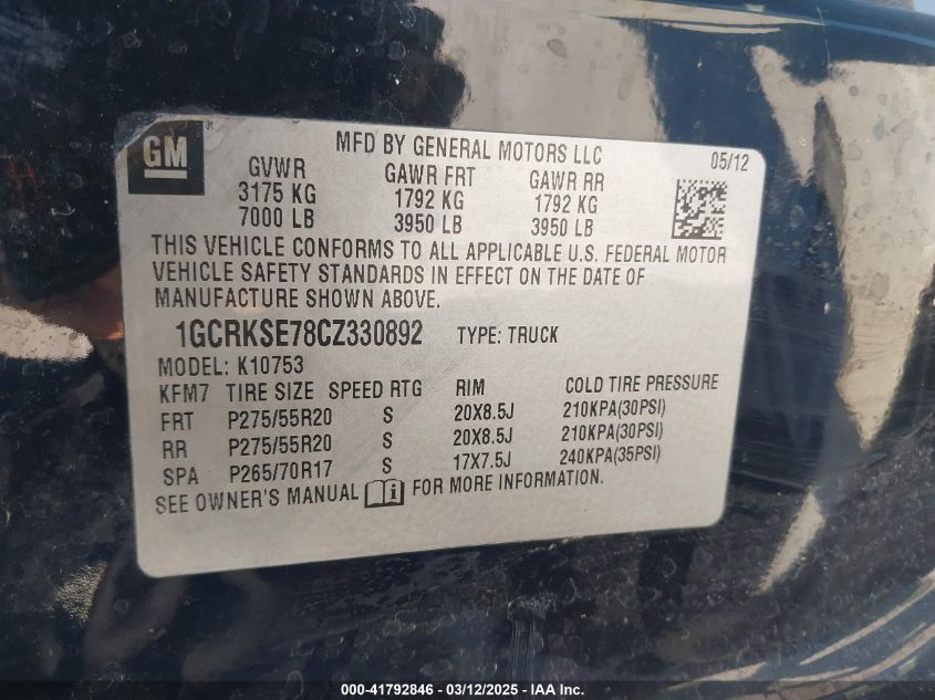 2012 Chevrolet Silverado 1500 Lt VIN: 1GCRKSE78CZ330892 Lot: 41792846