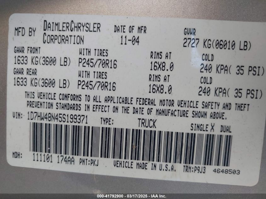 2005 Dodge Dakota Slt VIN: 1D7HW48N45S19337 Lot: 41792900