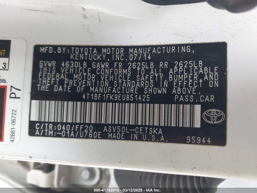 2014 TOYOTA CAMRY VIN: 4T1BF1FK9EU851425