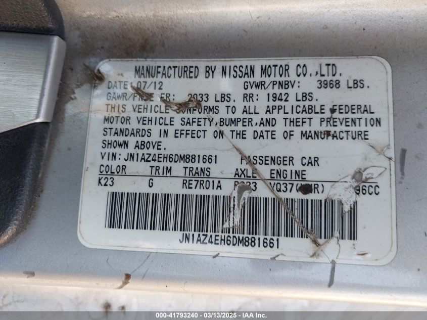 2013 Nissan 370Z Touring VIN: JN1AZ4FH6DM881661 Lot: 41793240