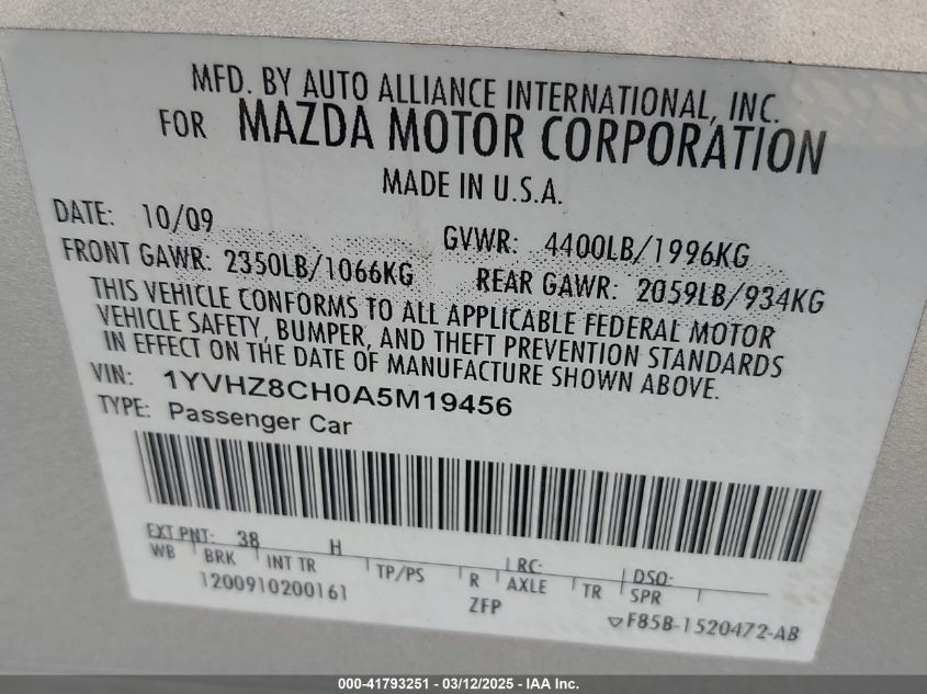 2010 Mazda Mazda6 I Touring Plus VIN: 1YVHZ8CH0A5M19456 Lot: 41793251