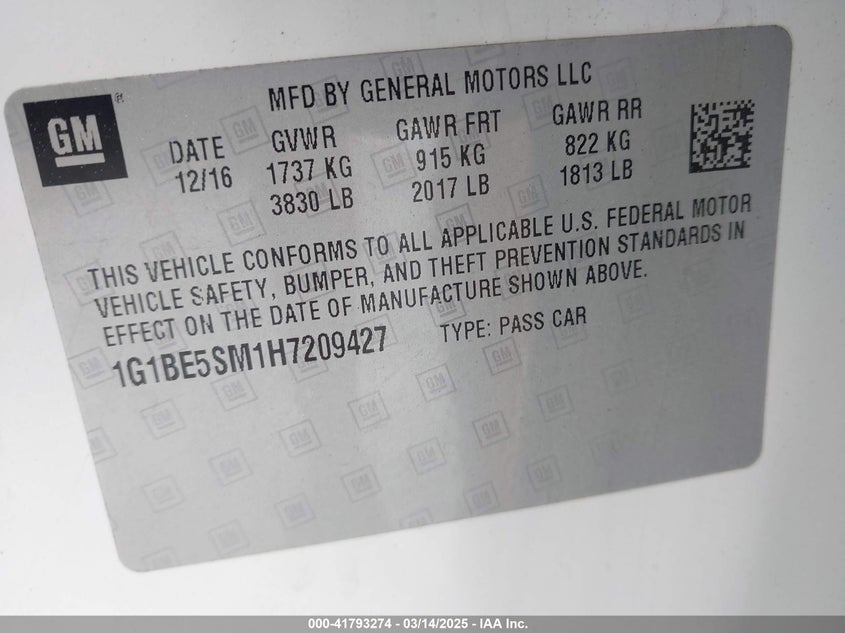2017 CHEVROLET CRUZE VIN: 1G1BE5SM1H7209427