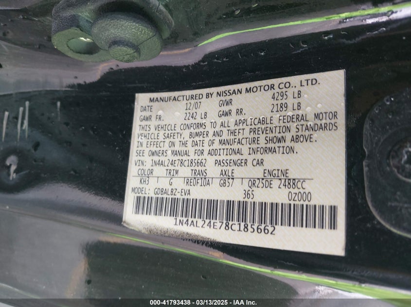 2008 NISSAN ALTIMA VIN: 1N4AL24E78C185662