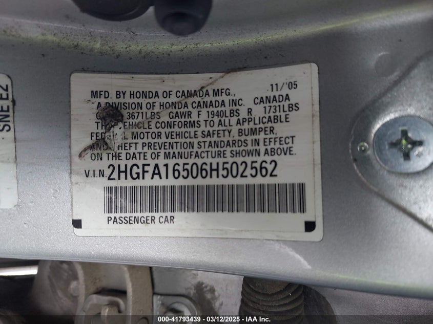 2006 HONDA CIVIC VIN: 2HGFA16506H502562