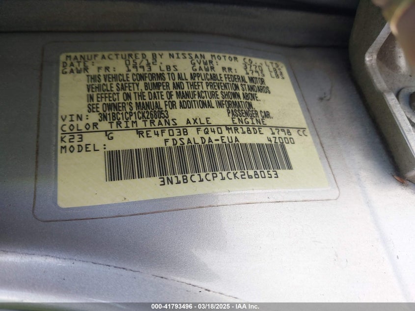 2012 Nissan Versa 1.8 S VIN: 3N1BC1CP1CK268053 Lot: 41793496