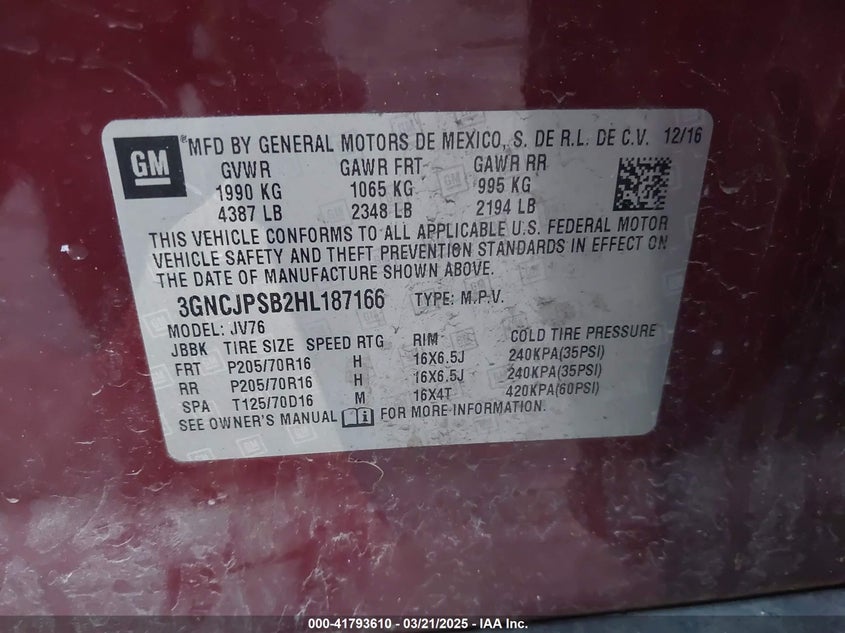 2017 CHEVROLET TRAX LT - 3GNCJPSB2HL187166