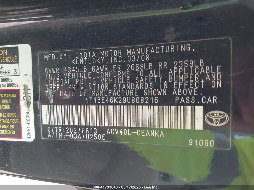2009 TOYOTA CAMRY VIN: 4T1BE46K29U808216