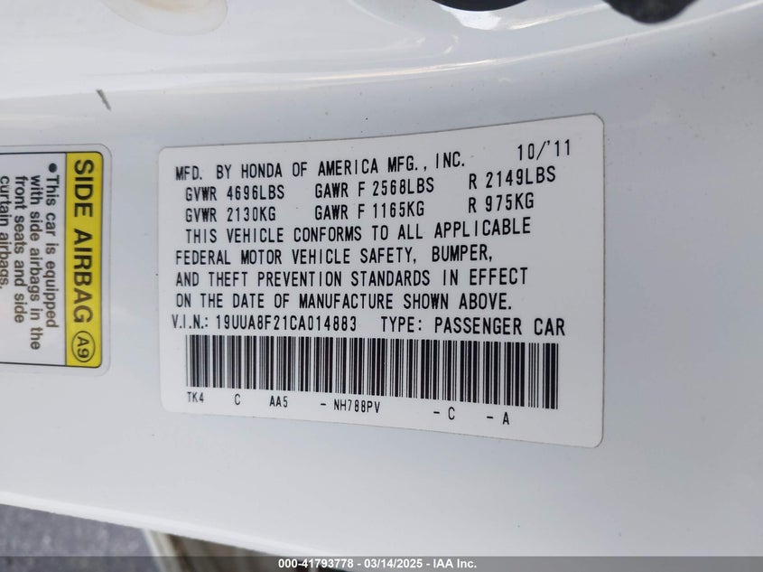 2012 ACURA TL VIN: 19UUA8F21CA014883