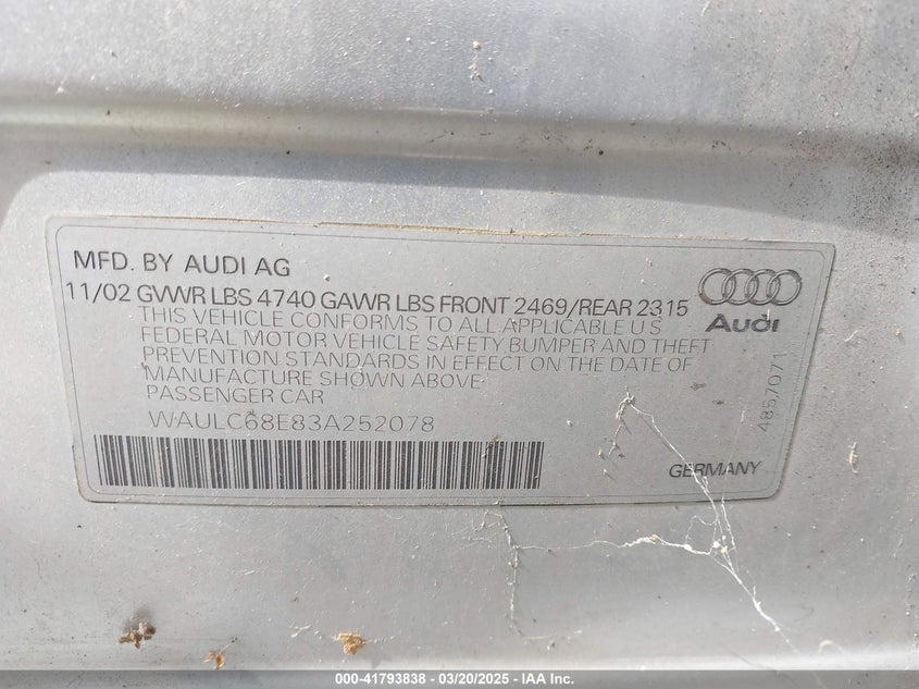 2003 Audi A4 1.8T VIN: WAULC68E83A252078 Lot: 41793838