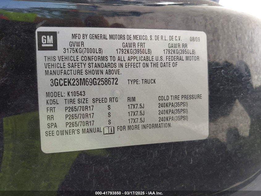 2009 CHEVROLET SILVERADO VIN: 3GCEK23M69G258672